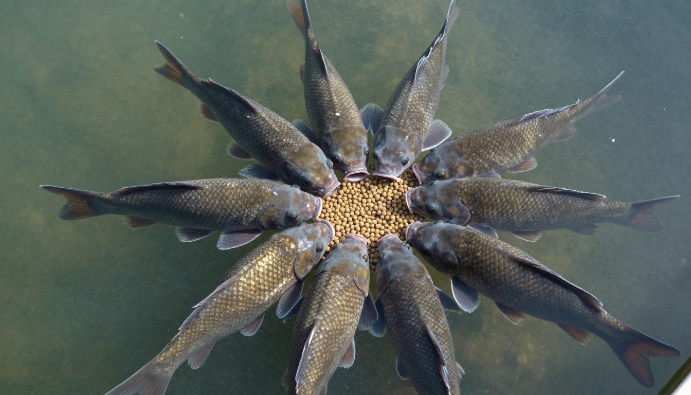 Tilapia fish being fed with pellets from fish feed pellet machine production