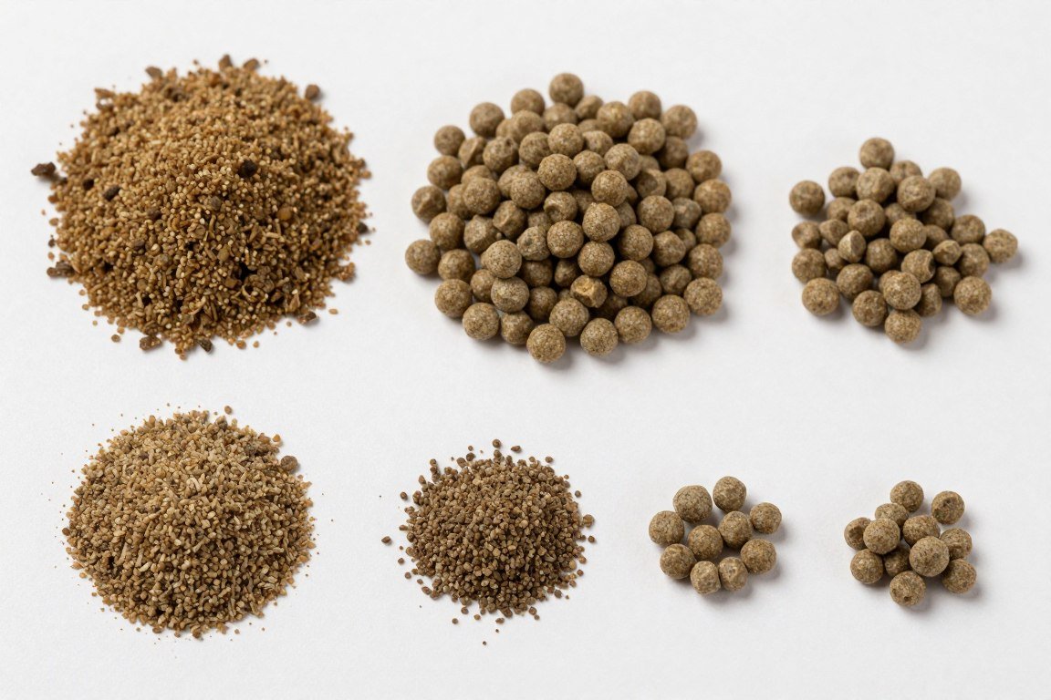 Tilapia fish feed pellets of various sizes