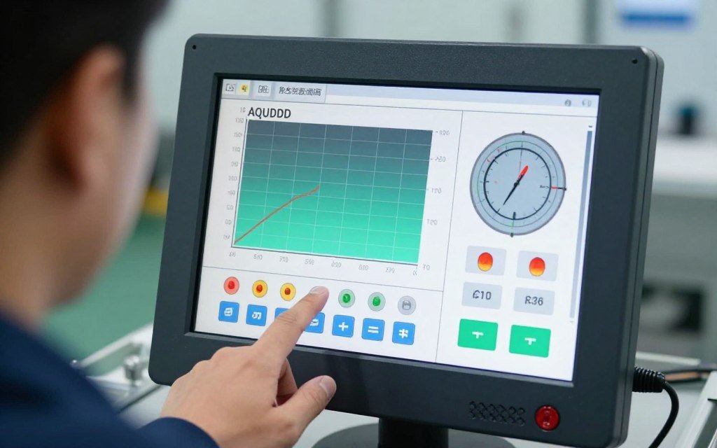 Touchscreen HMI interface showing production parameters and controls