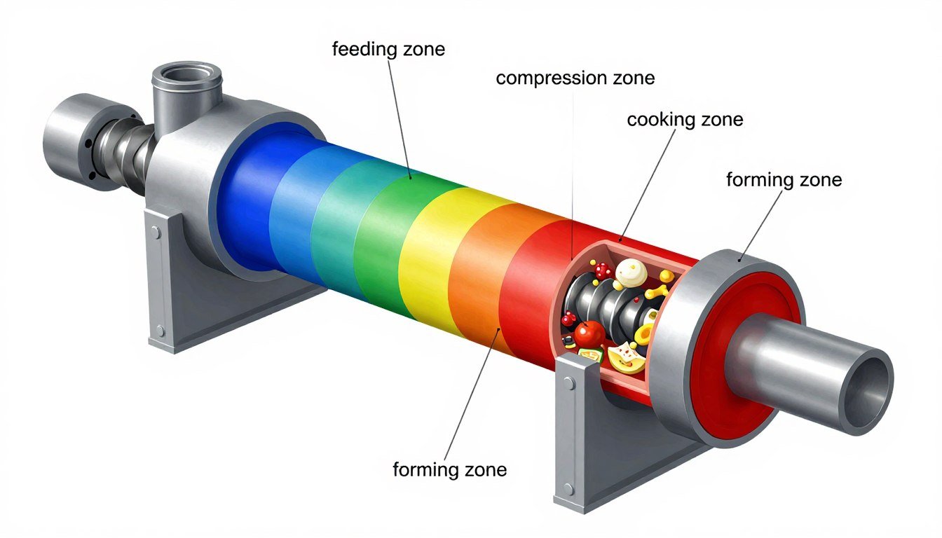 Twin-screw extruder barrel cutaway showing screw configuration and processing zones