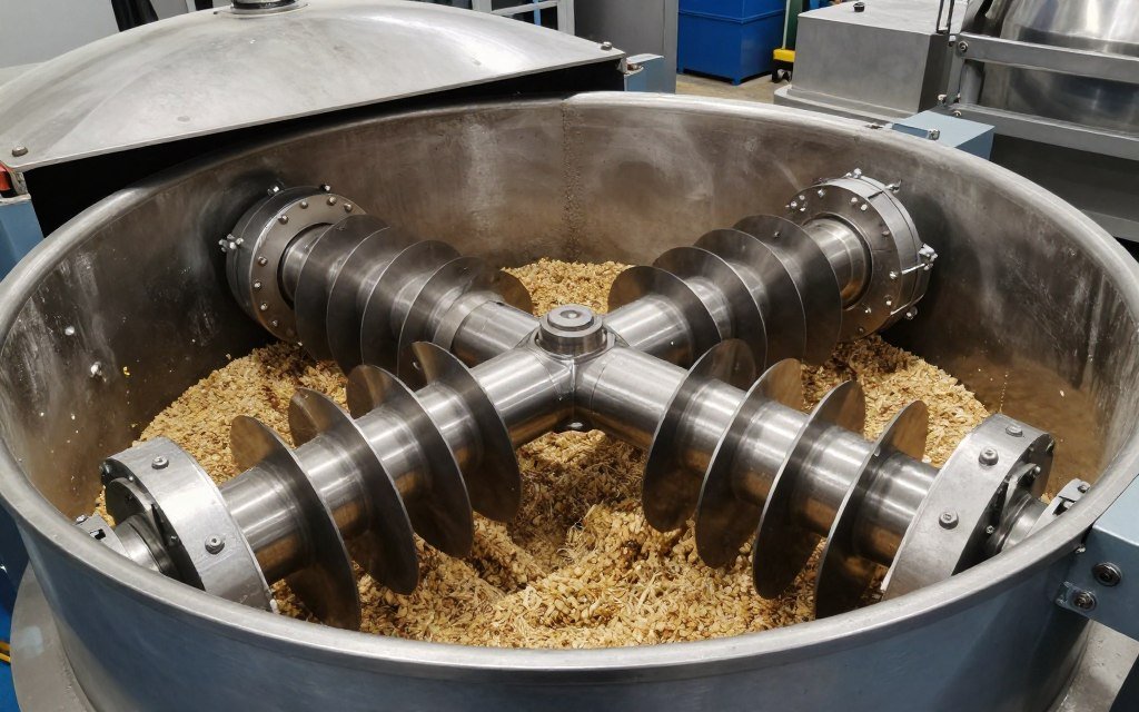 Twin-shaft mixer interior showing mixing paddles and ingredient blending mechanism