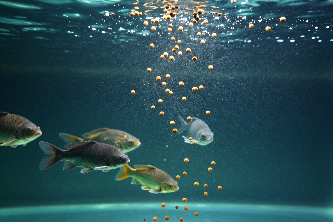 Underwater photo showing sinking fish feed pellets descending through clear water with fish