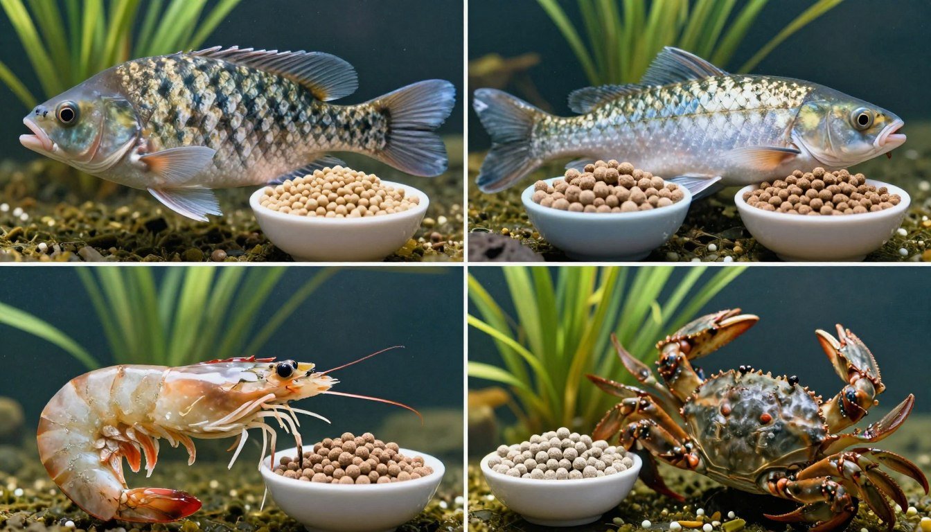 Various Philippine fish species including tilapia, bangus, and shrimp displayed with their corresponding feed pellets