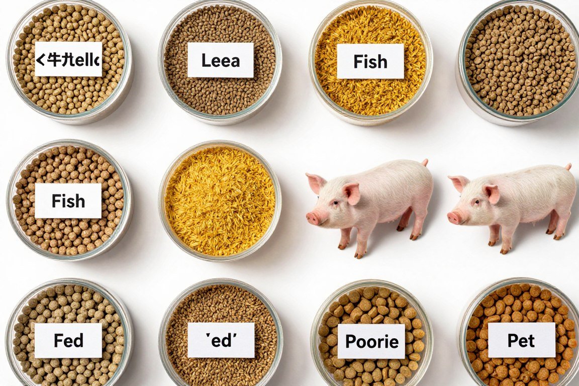 Various animal feed pellets produced by MAIKONG machines showing different sizes and types