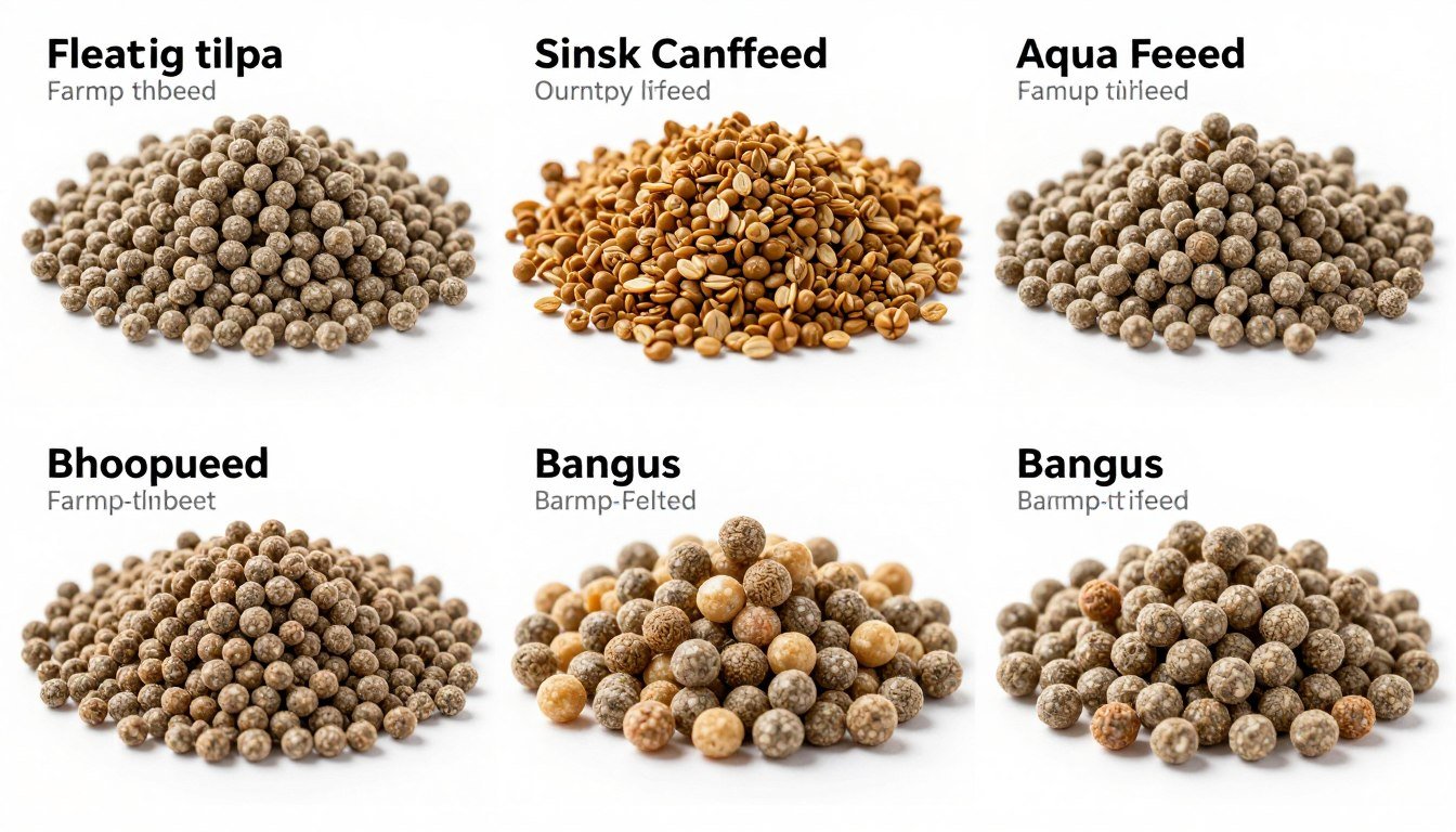 Various aqua feed types for different fish species showing pellet characteristics