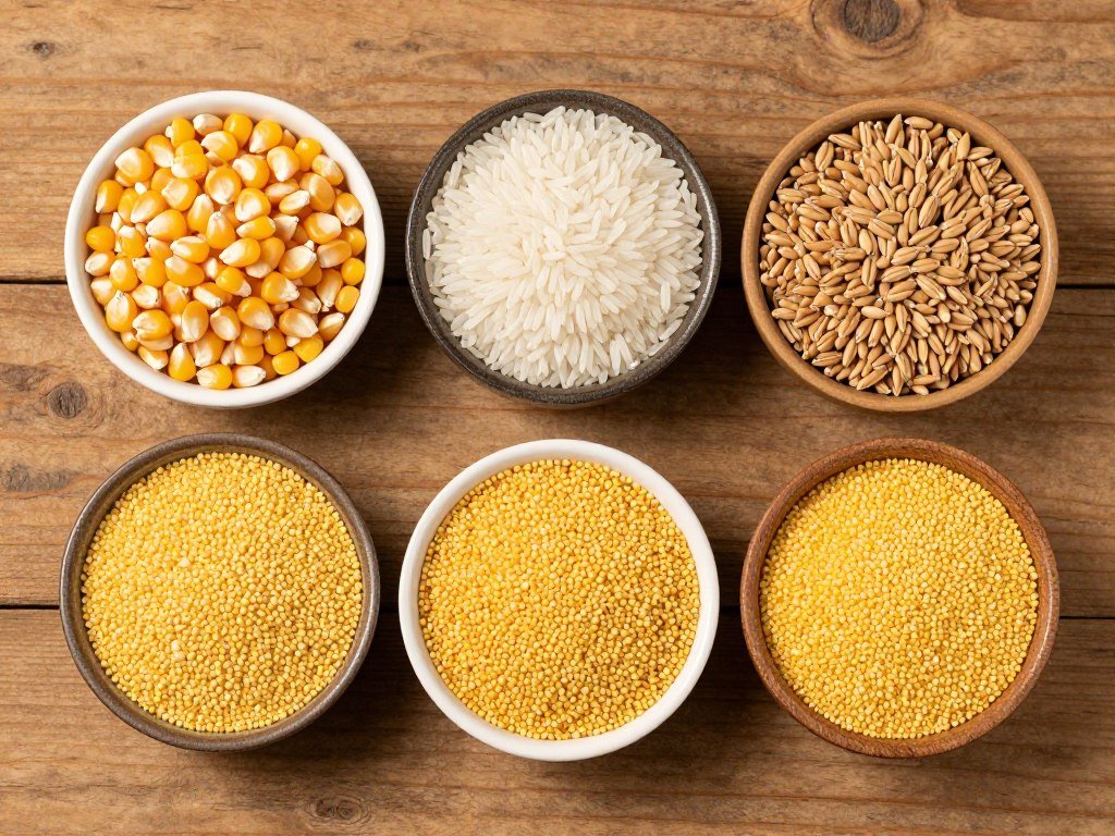 Various cereal grains used in fish feed production including corn, rice, wheat