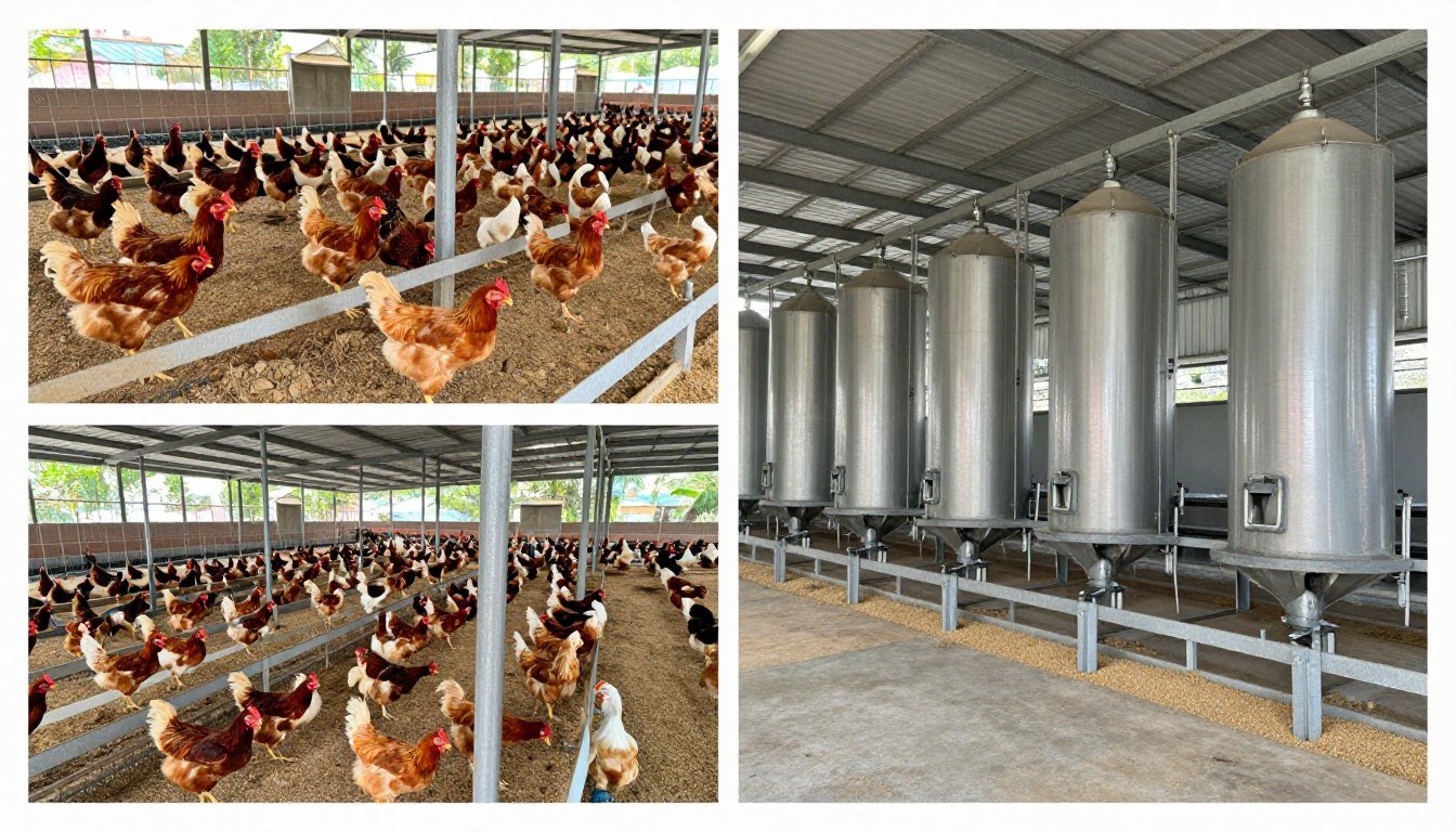 Various poultry farm operations using feed production lines