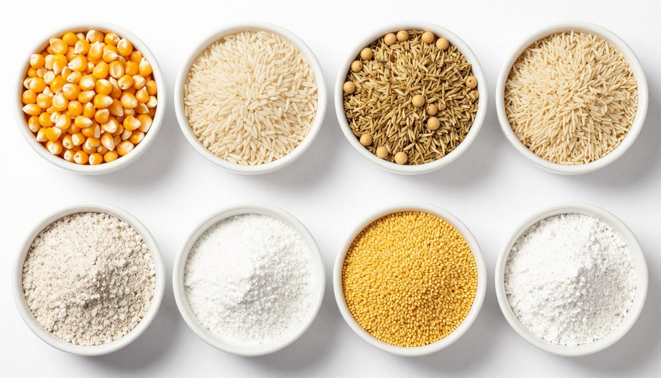 Various raw materials for chicken feed production displayed in separate containers