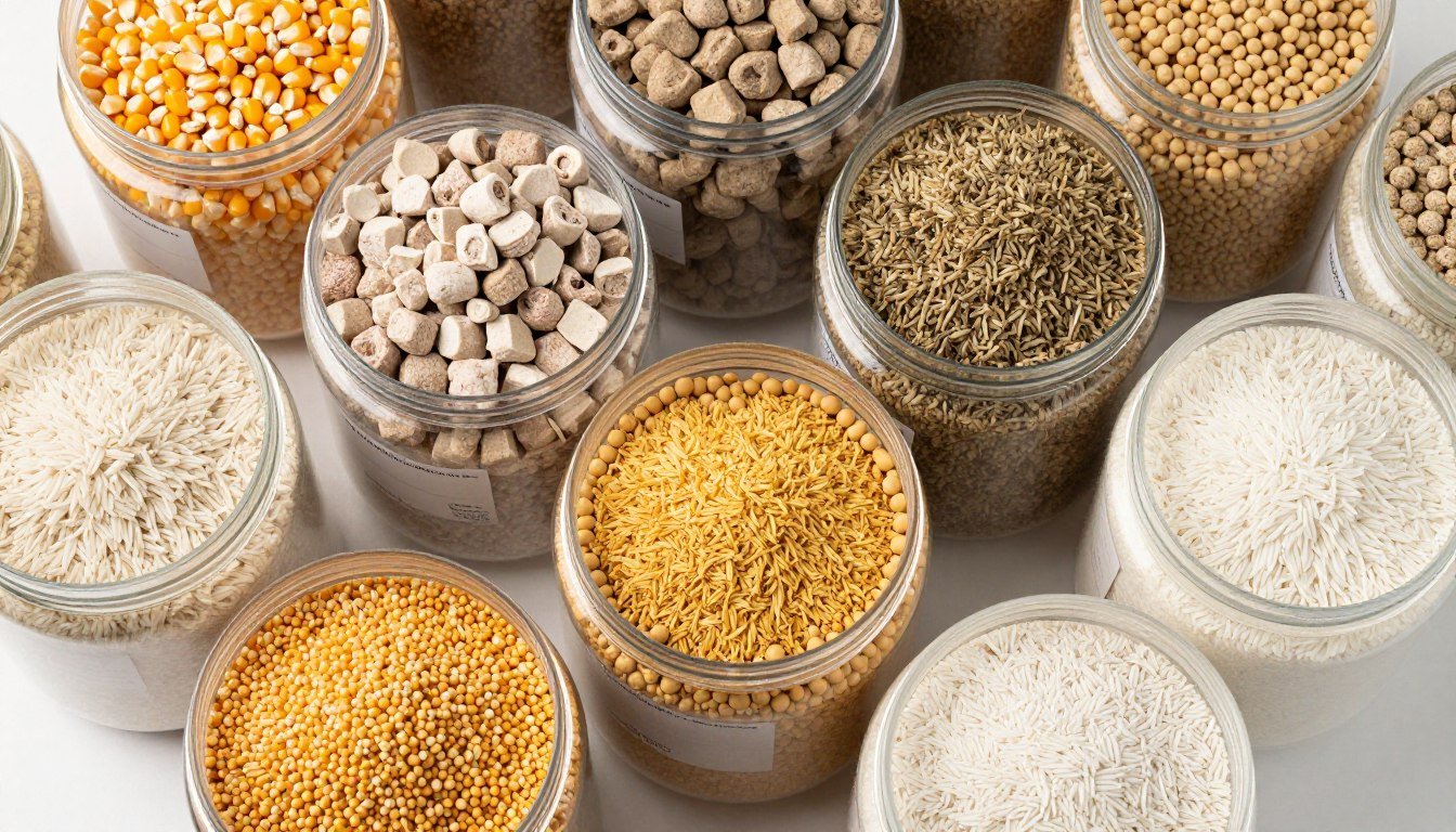 Various raw materials for fish feed production including grains, fish meal, and supplements