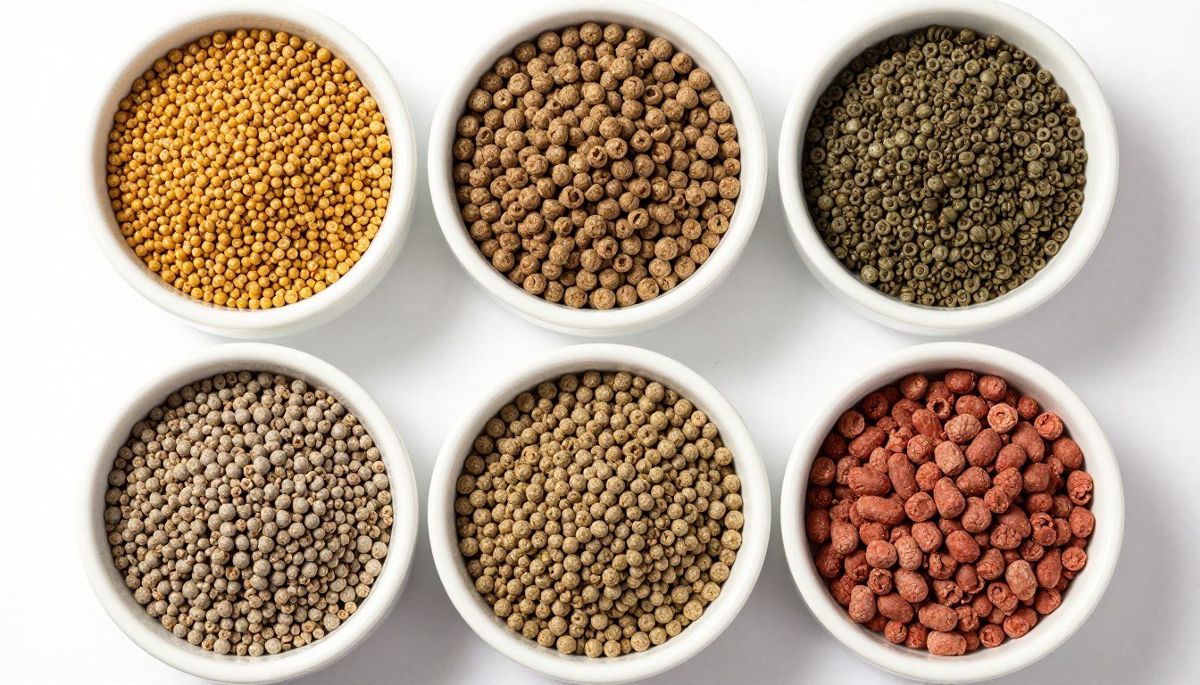 Various types of animal feed pellets for different species