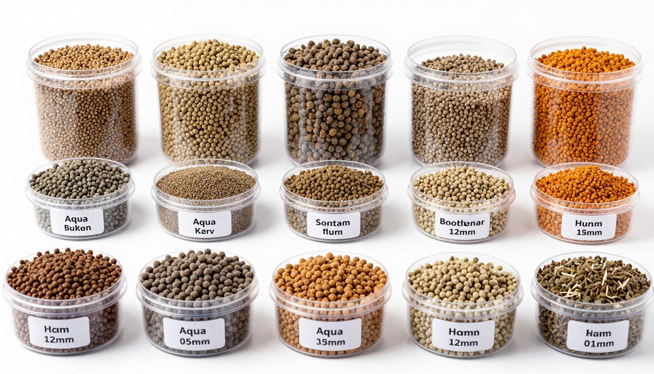 Various types of aqua feed pellets including floating, sinking, and specialty formulations
