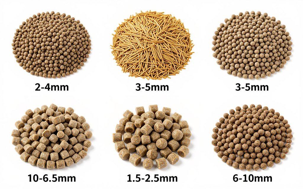 Various types of feed pellets produced by MK-001 machine showing different sizes and applications