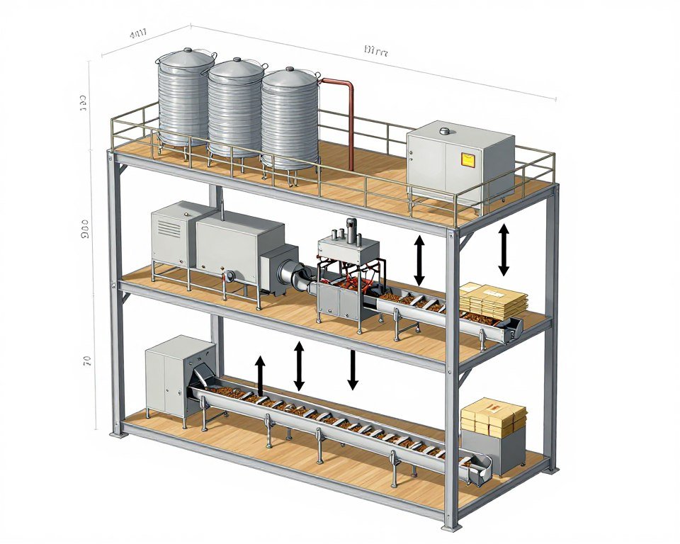 Vertical fish feed production line configuration saving floor space
