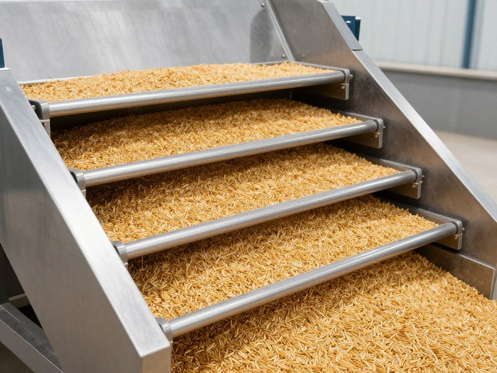 Vibrating screen cleaner removing impurities from grain