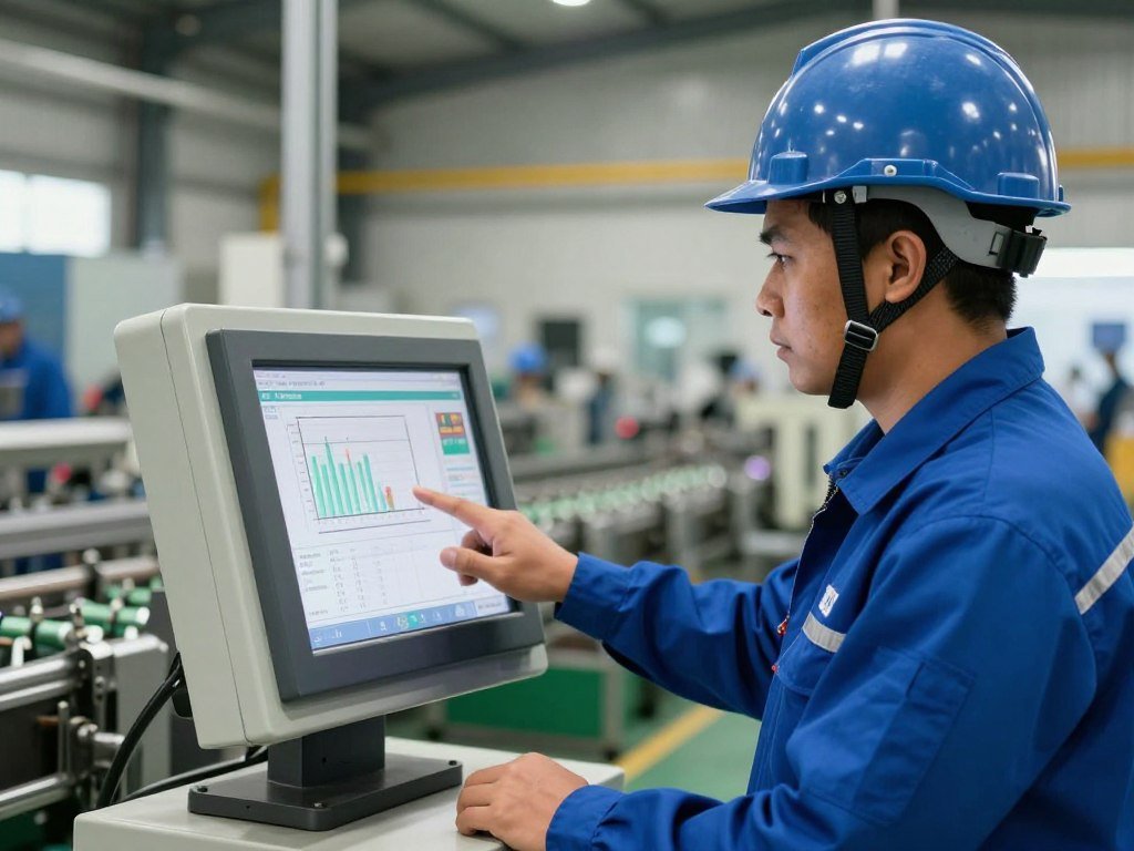Worker operating MAIKONG feed production control system with touchscreen interface showing real-time production parameters