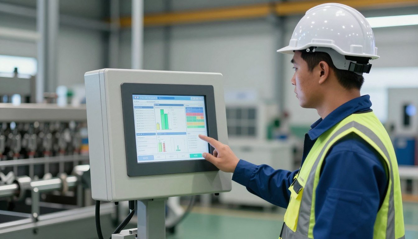 Worker operating MAIKONG pellet production control panel