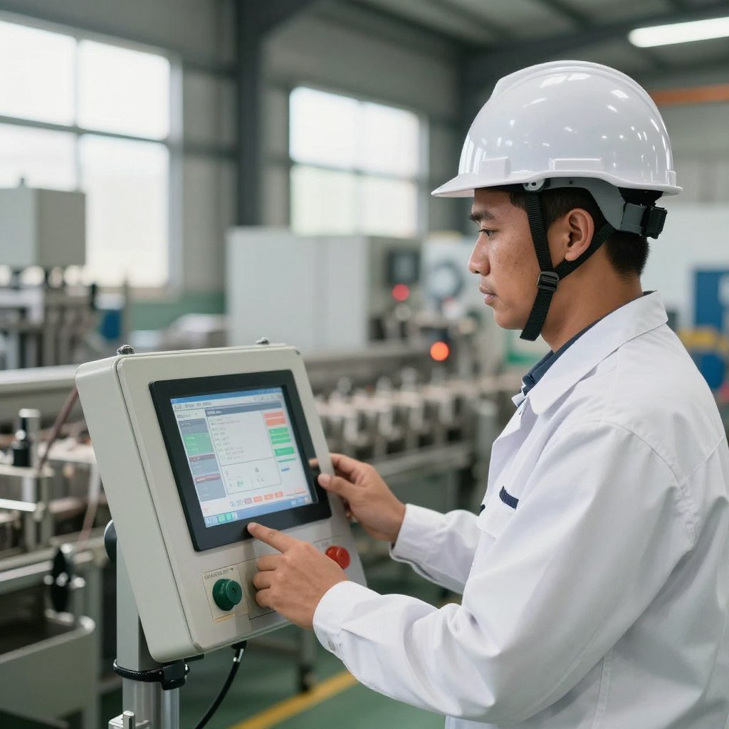 Worker operating control panel of automated poultry feed production system