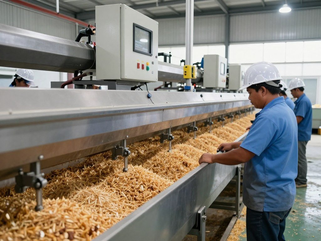 Workers operating poultry feed production equipment in Philippine facility Workers operating poultry feed production equipment in Philippine facility