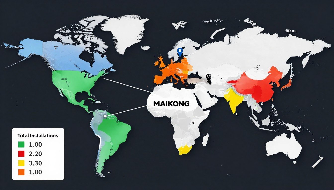 World map highlighting MAIKONG aqua feed production line installation locations across continents