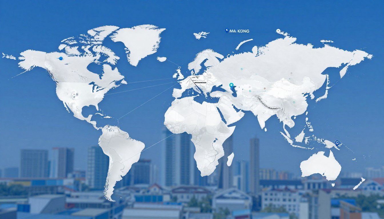 World map showing MAIKONG feed production line installations globally
