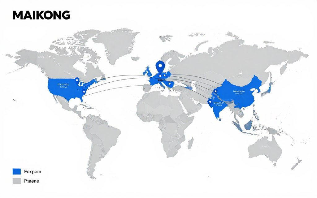 World map showing MAIKONG feed production line installations globally