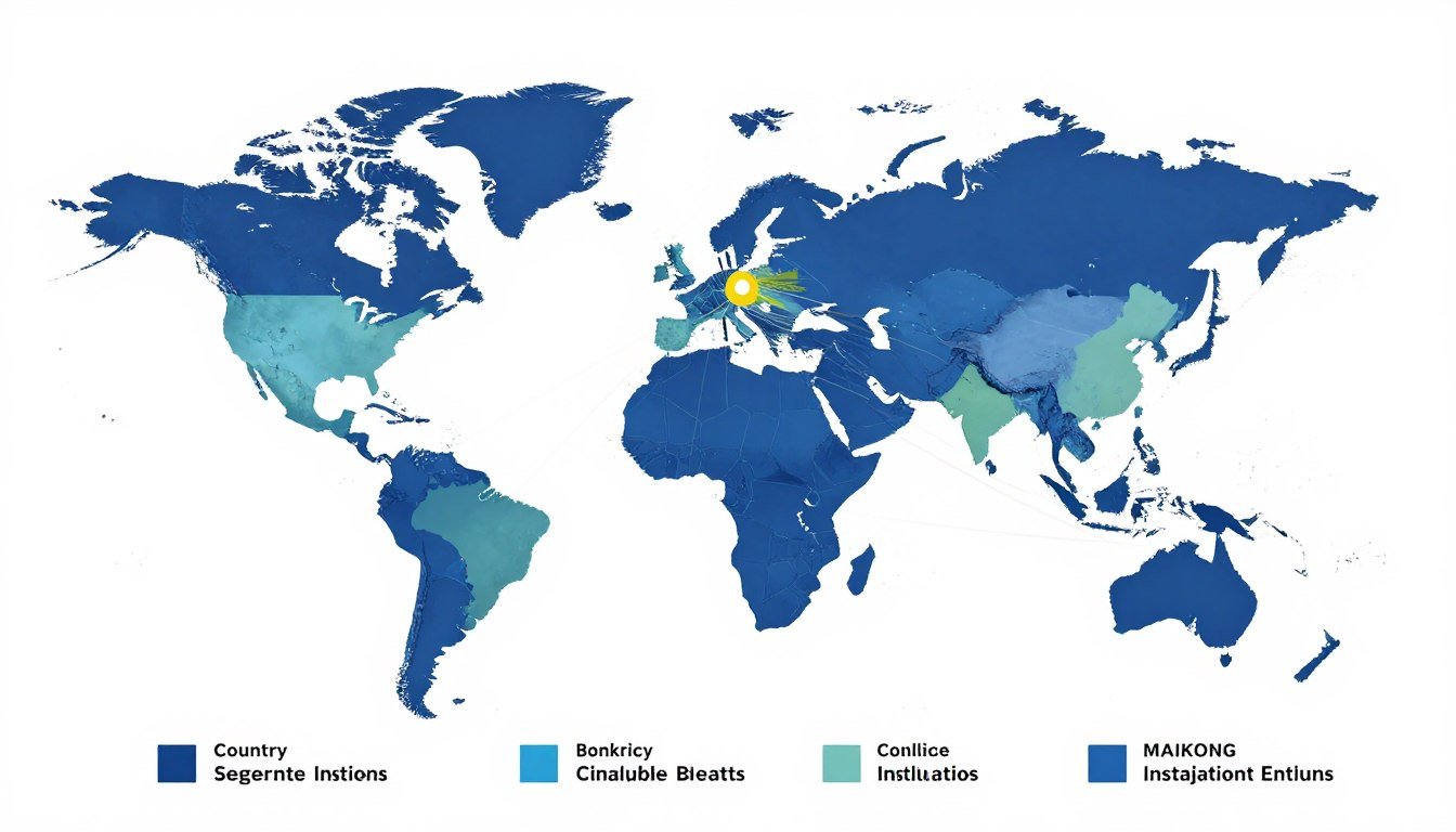 World map showing MAIKONG installations across Asia, Americas, Europe, Africa