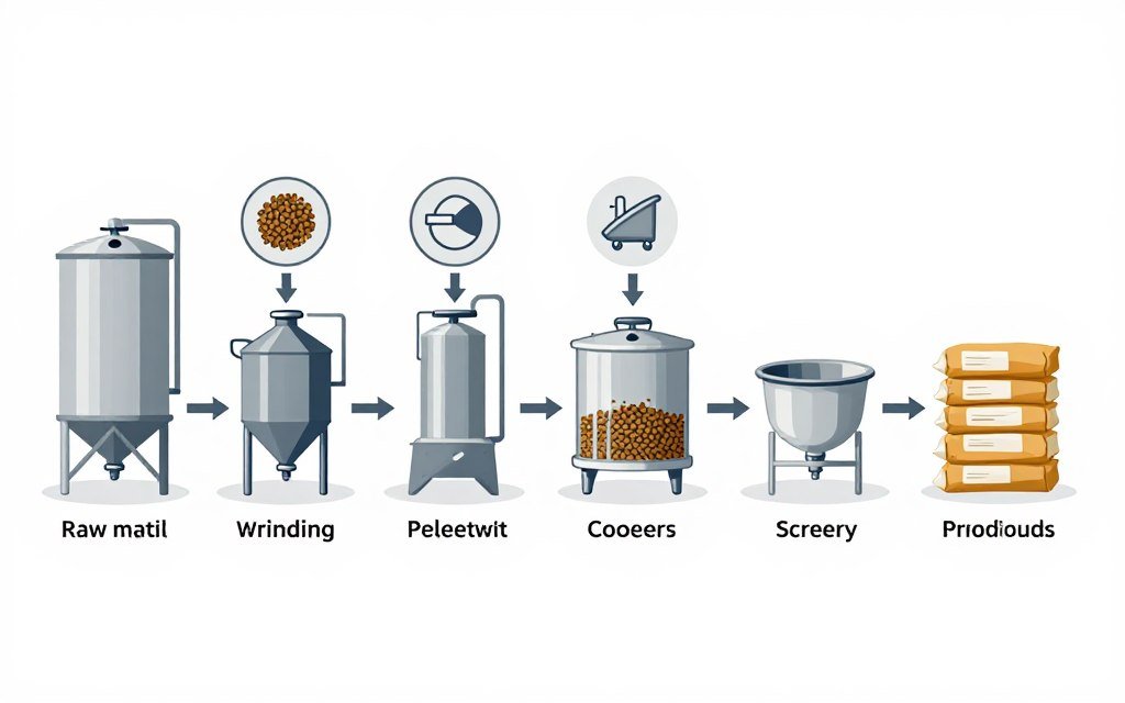 animal feed production line process flow diagram from raw materials to finished pellets