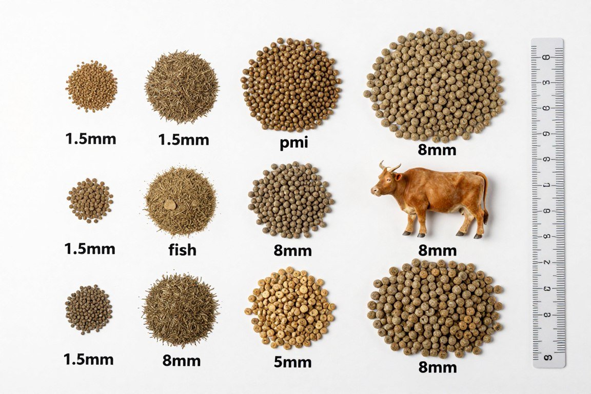 various animal feed pellet sizes for different species from tilapia to cattle