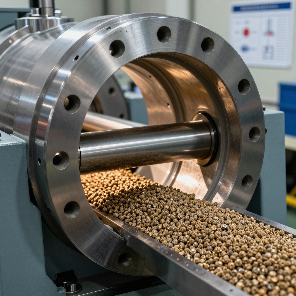 Close-up of ring die pellet mill showing die and roller assembly for animal feed production Close-up of ring die pellet mill showing die and roller assembly for animal feed production