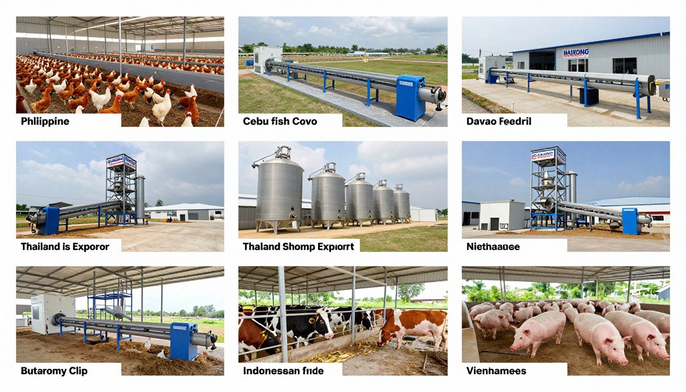 Collage of MAIKONG feed pellet production line installations across Philippines and Asia showing diverse applications Collage of MAIKONG feed pellet production line installations across Philippines and Asia showing diverse applications