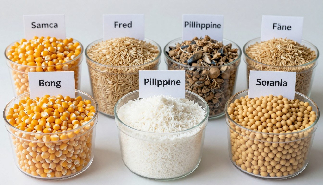Common Philippine animal feed raw materials including corn rice bran fishmeal copra meal Common Philippine animal feed raw materials including corn rice bran fishmeal copra meal