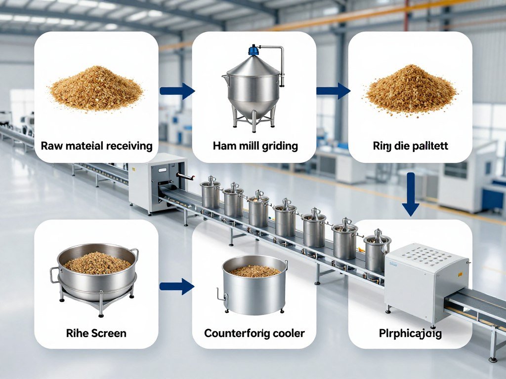 Complete animal feed production line flow diagram showing six stages from raw material to packaged feed Complete animal feed production line flow diagram showing six stages from raw material to packaged feed