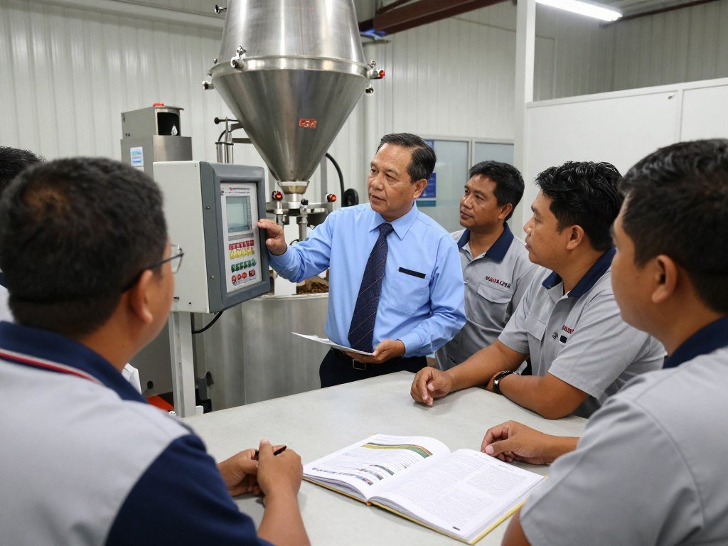 Filipino operators being trained on MAIKONG feed pellet production line operation Filipino operators being trained on MAIKONG feed pellet production line operation