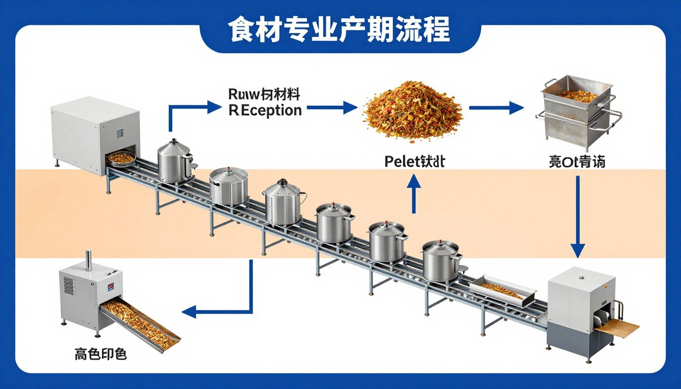 Flow diagram showing complete animal feed pellet production line process from crushing to packaging Flow diagram showing complete animal feed pellet production line process from crushing to packaging