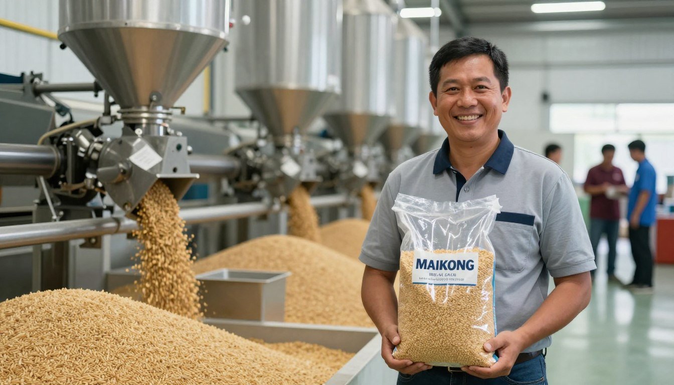 Happy Philippine feed mill owner with MAIKONG production line producing quality animal feed pellets Happy Philippine feed mill owner with MAIKONG production line producing quality animal feed pellets