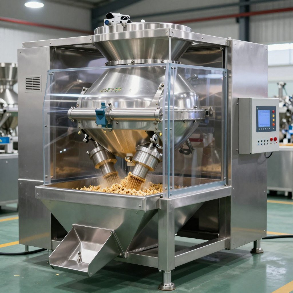 Horizontal ribbon mixer for animal feed showing mixing chamber and discharge gate Horizontal ribbon mixer for animal feed showing mixing chamber and discharge gate