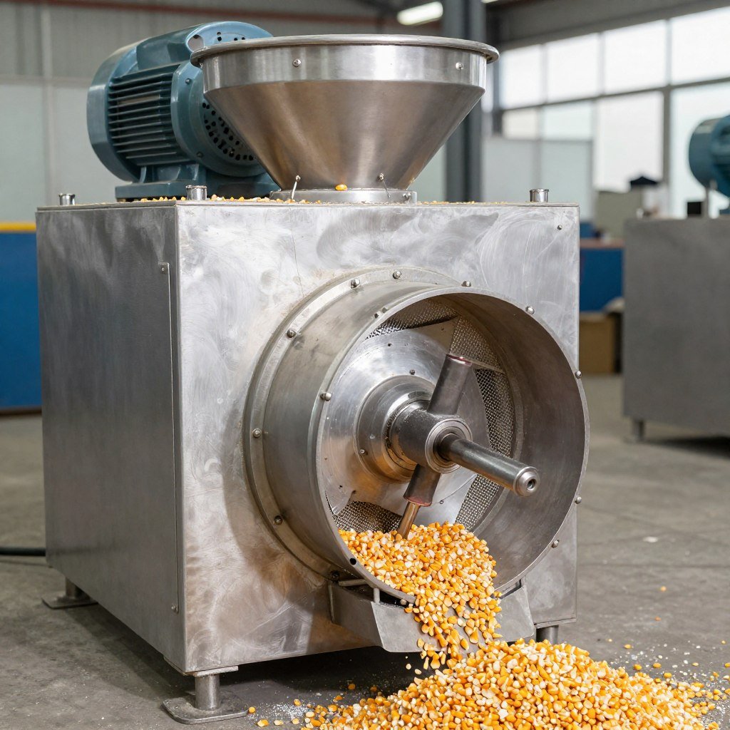 Industrial hammer mill grinder for animal feed production showing grinding chamber and motor Industrial hammer mill grinder for animal feed production showing grinding chamber and motor