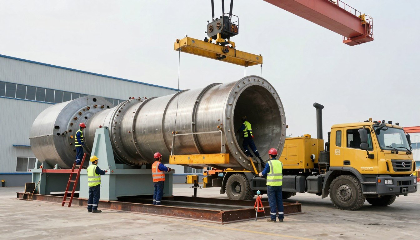 Installation team positioning large pellet mill Installation team positioning large pellet mill