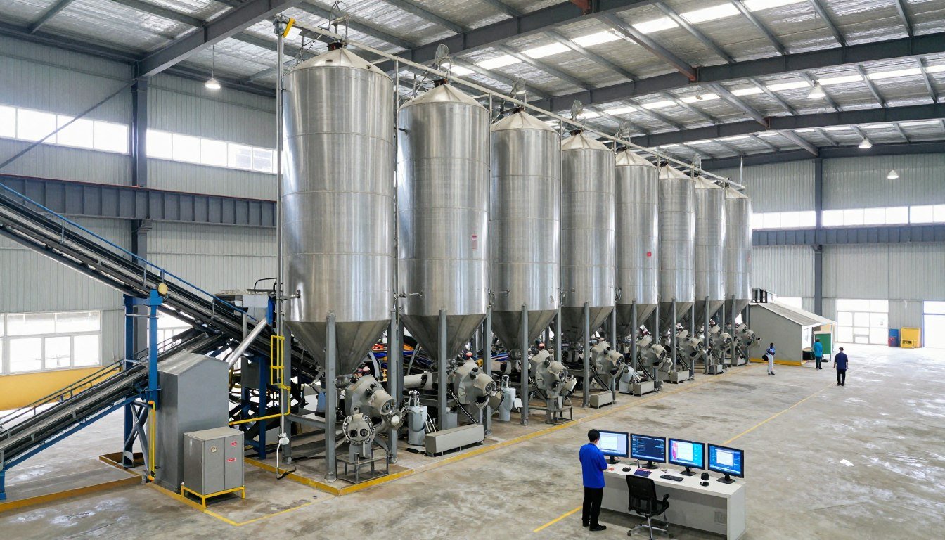 Large-scale MAIKONG feed mill installation in Davao showing 12 ton per hour production capacity Large-scale MAIKONG feed mill installation in Davao showing 12 ton per hour production capacity