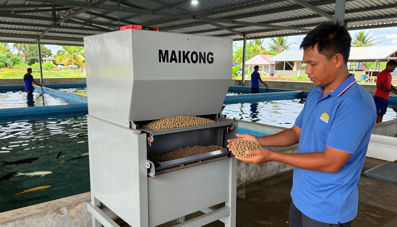MAIKONG 1.5-ton fish feed pellet machine at Pampanga tilapia farm MAIKONG 1.5-ton fish feed pellet machine at Pampanga tilapia farm