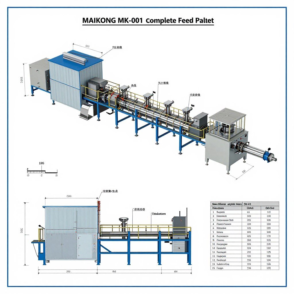 MAIKONG MK-001 animal feed pellet production line technical specification diagram with measurements MAIKONG MK-001 animal feed pellet production line technical specification diagram with measurements