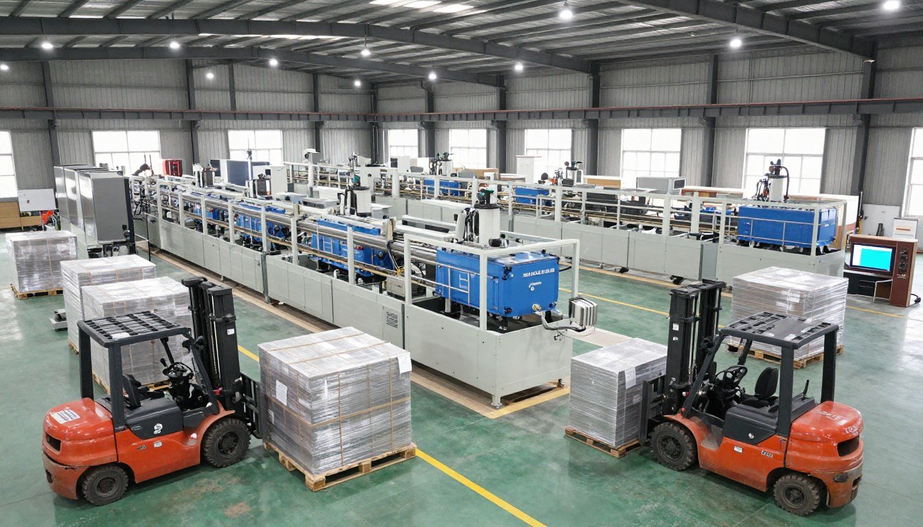 MAIKONG factory warehouse showing ready-to-ship animal feed pellet production line equipment inventory MAIKONG factory warehouse showing ready-to-ship animal feed pellet production line equipment inventory