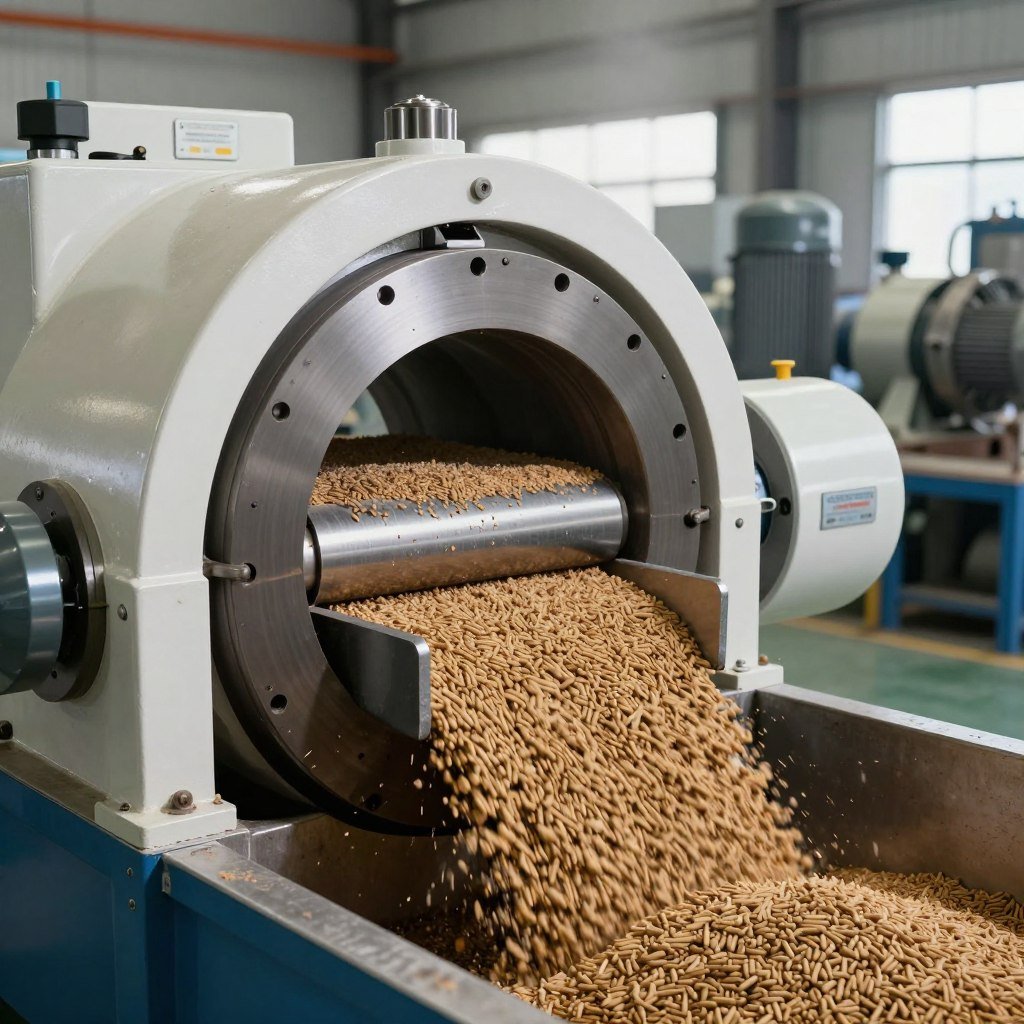 Ring die pellet machine for animal feed production showing die and rollers Ring die pellet machine for animal feed production showing die and rollers