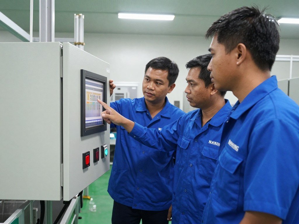 Technician training operators on control panel Technician training operators on control panel