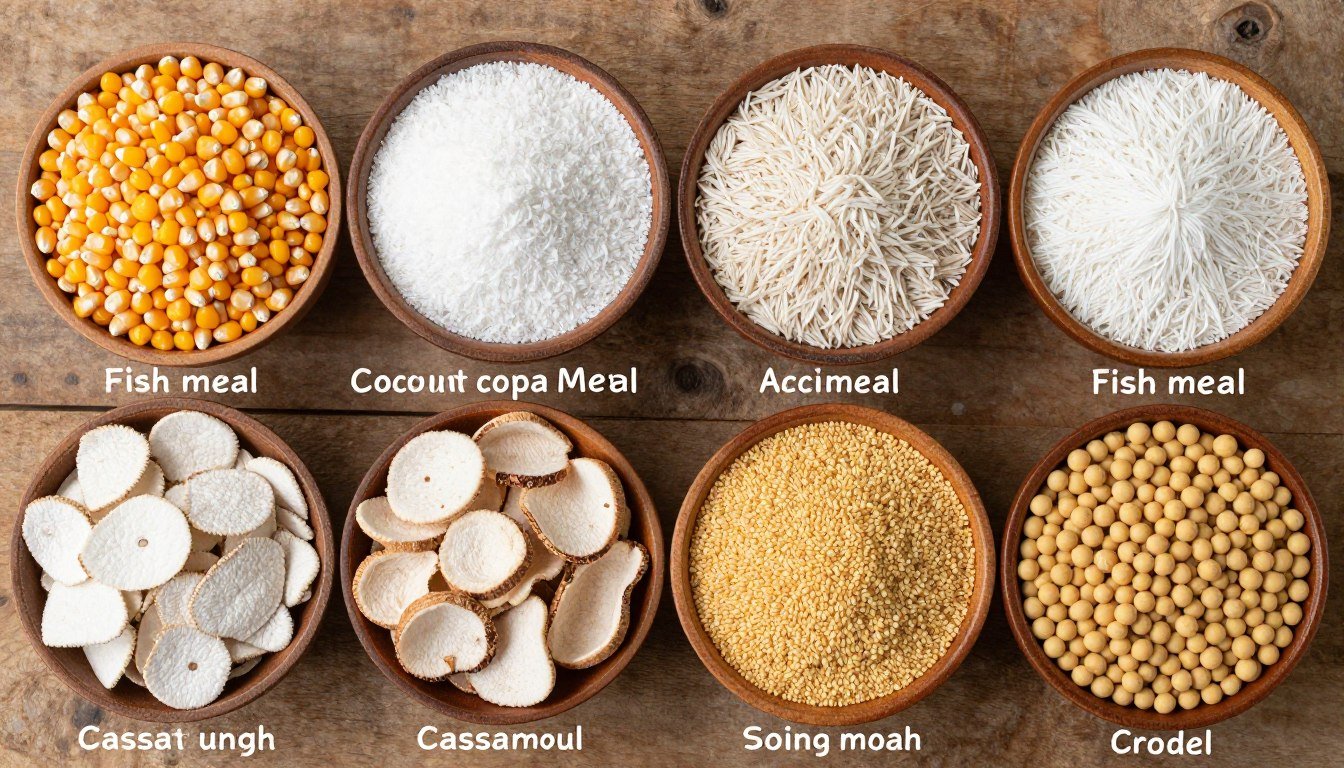 Various Philippine raw materials for animal feed production including corn, copra meal, rice bran Various Philippine raw materials for animal feed production including corn, copra meal, rice bran